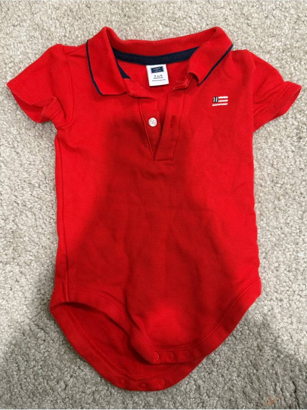 Janie & Jack Red Polo Onesie with Navy Trim and American flag 3-6 months